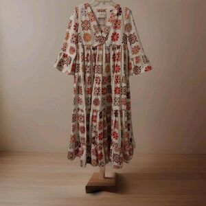 La DoubleJ “Jennifer Jane” Maxi Dress XS – Floral Tile Print, Bell Sleeves